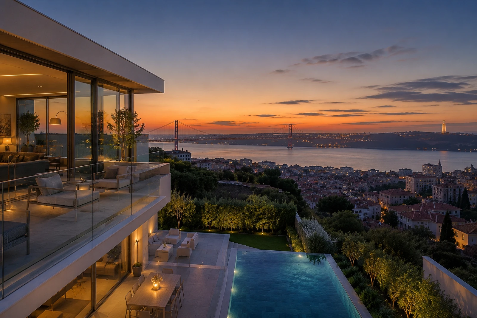 Penthouse de luxo com terraço panorâmico sobre Lisboa ao entardecer