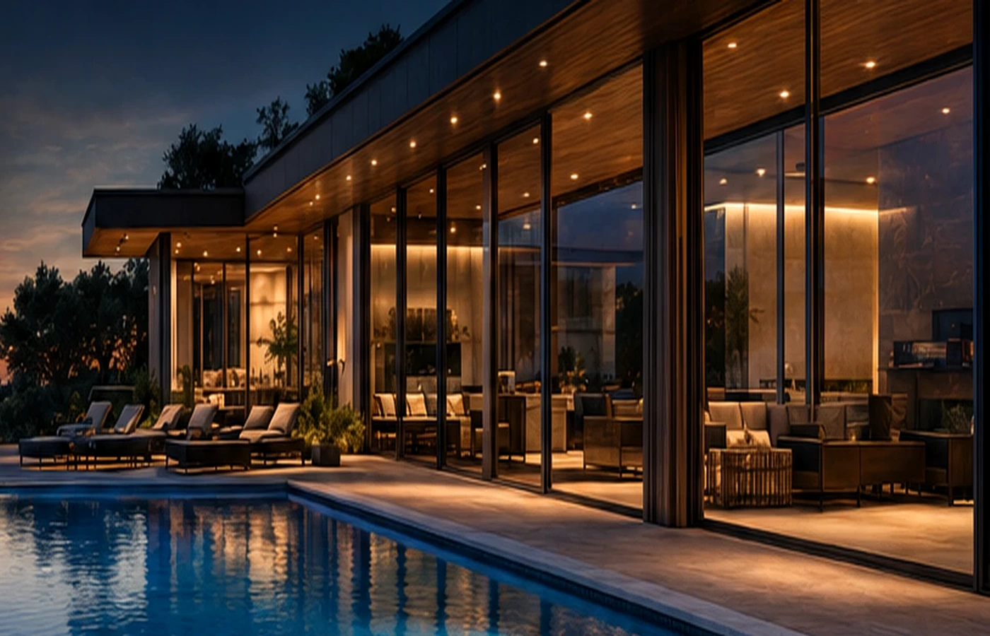 Villa moderna com piscina infinita ao anoitecer, Algarve