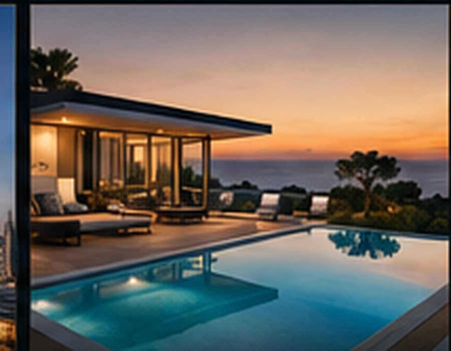 Moradia contemporânea com piscina e vista mar ao entardecer, Cascais
